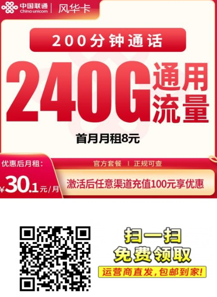 四川限定!联通风华卡来了,30块出头就能用240G全国流量