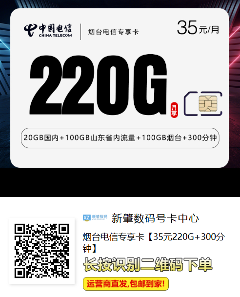 烟台人专属流量卡来了!35元享220G+300分钟,长期有效还能自动续约
