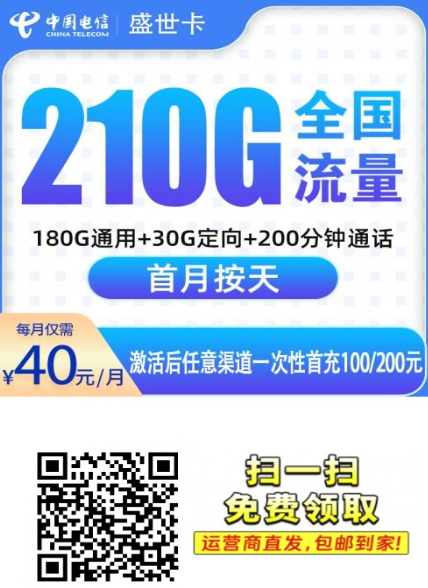 广东新上!电信盛世卡40元210G真香套餐,亲测稳定不限速