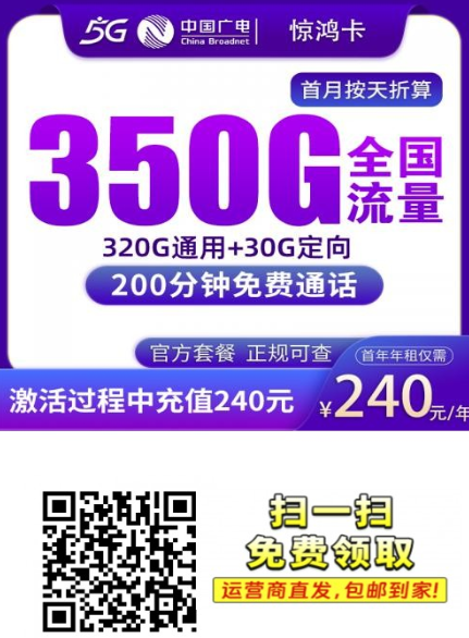 【只发上海】广电惊鸿卡包年240元350G+200分钟