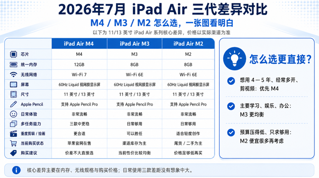 iPad Air M4、M3、M2怎么选？三代区别、价格与购买建议